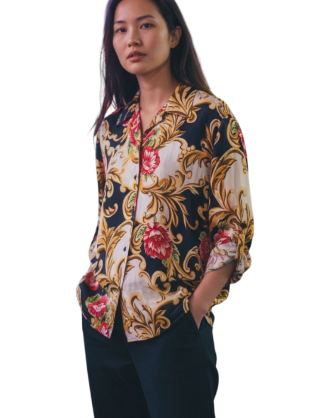 Y2K The Limited Womens Black Gold Floral Baroque Print Silk Button Front Blouse